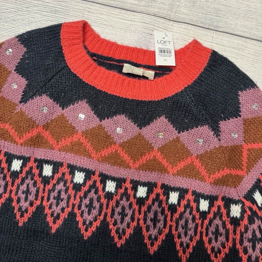 Loft Outlet Fair Isle Navy Coral Crew Neck Sweater Size XL NWT - Picture 2 of 4